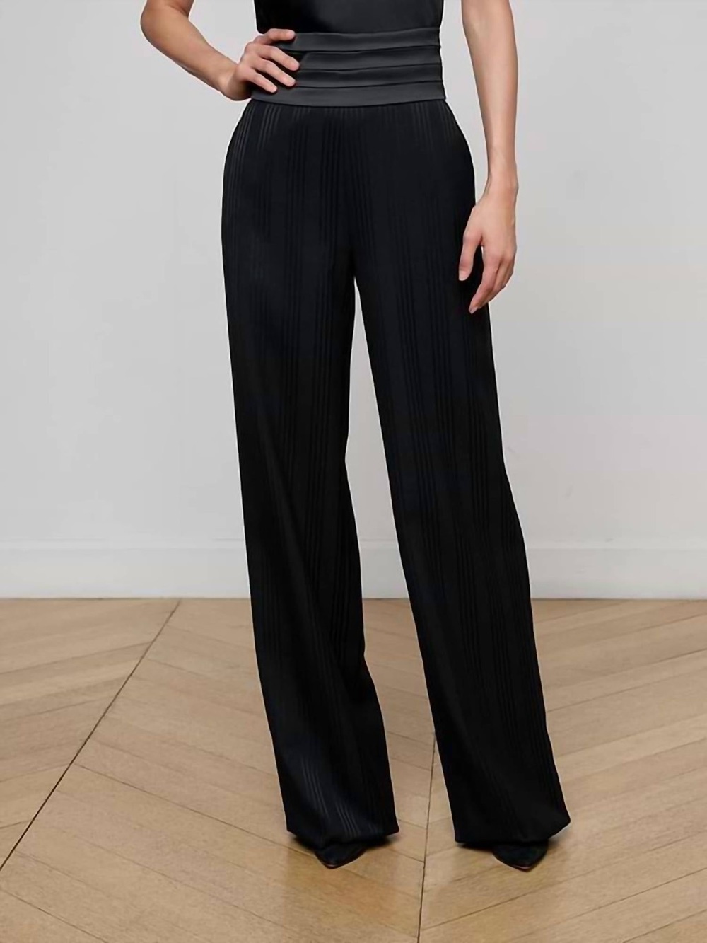 L'AGENCE Black Pleated Wide-Leg Trousers